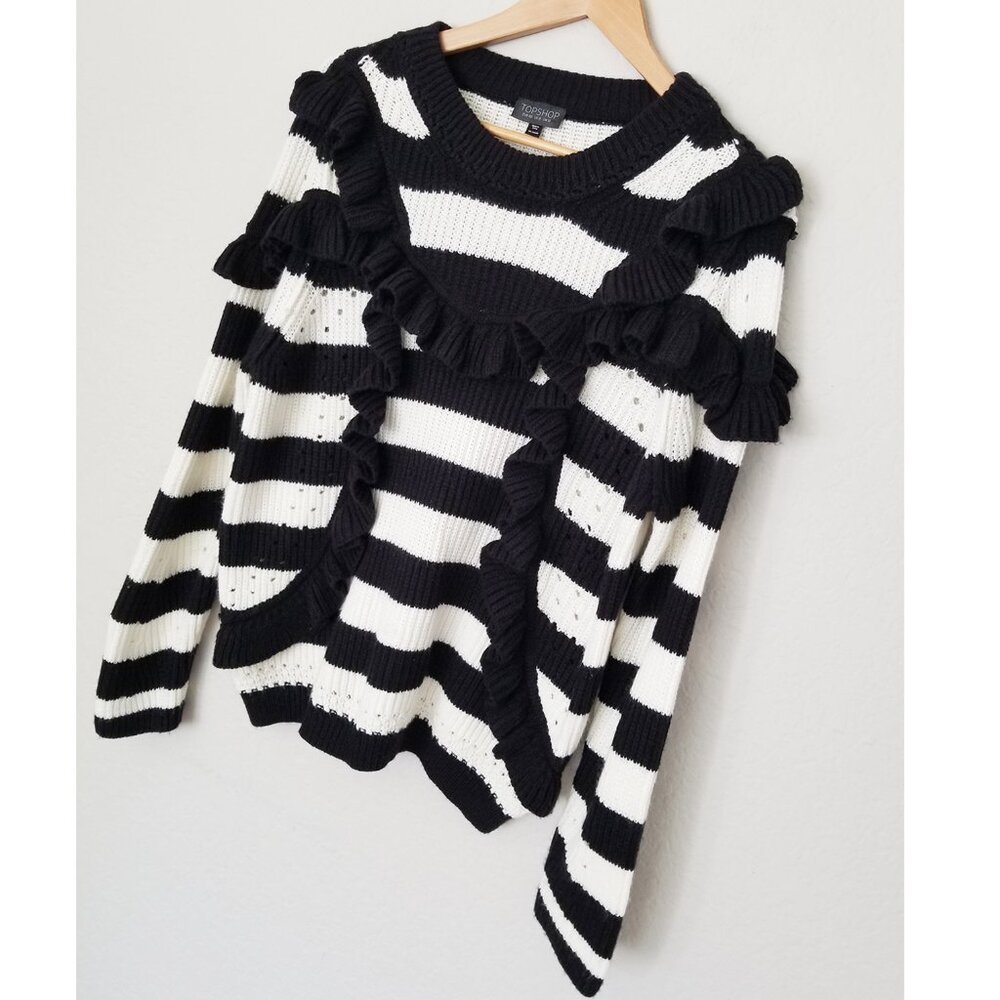 Topshop Humbug Ruffle Striped Knit Sweater Size 8 Black White Romantic Parisian - Picture 14 of 15